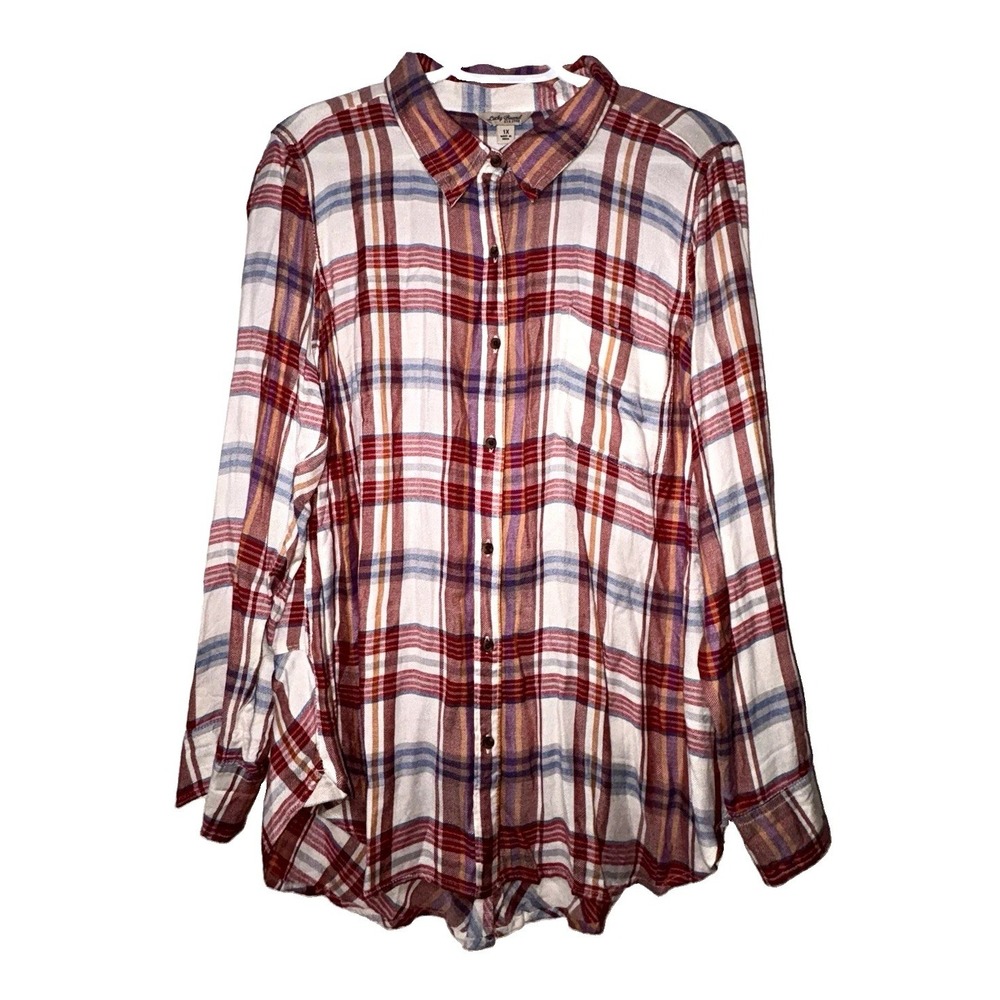 Women's Lucky Brand Plaid Tunic Top, Button Up Long Sleeve, Button Back- 1X